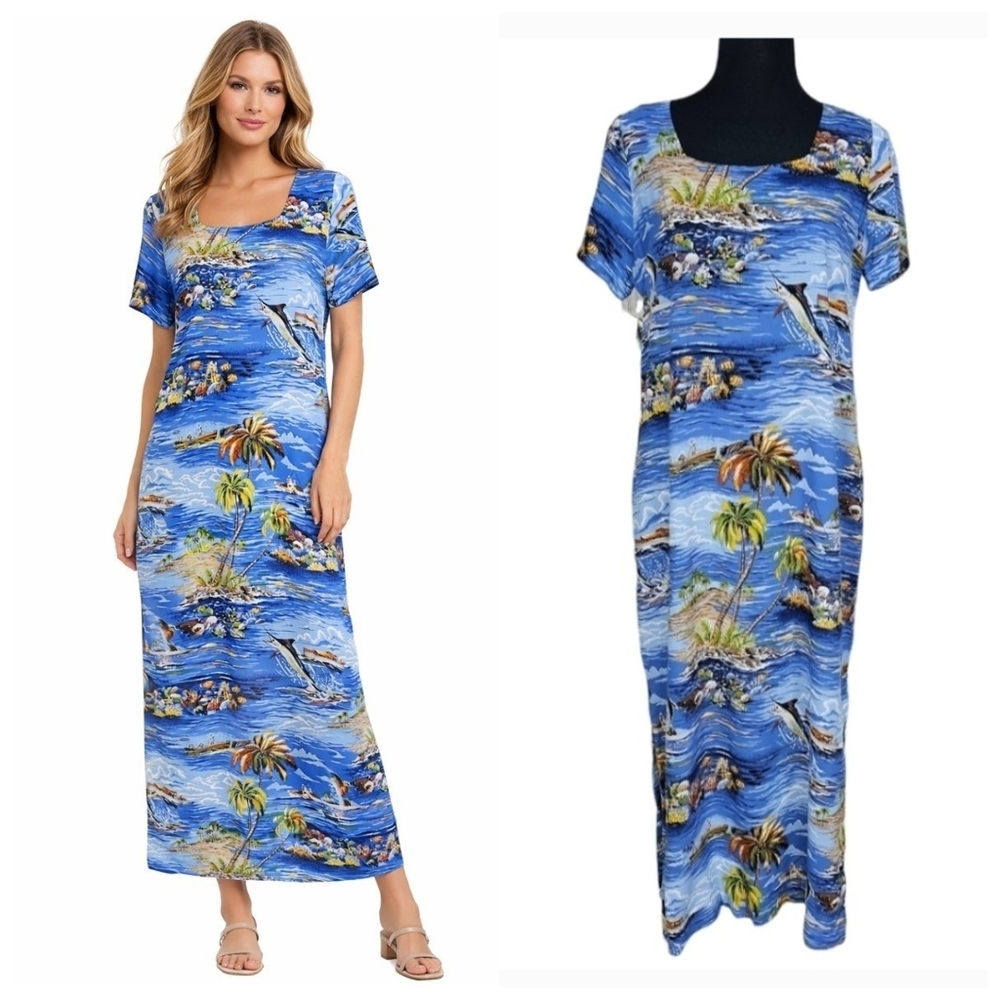 NWT Reyn Spooner Grand Bahama Print Spun Rayon Maxi Dress Island Wear Travel S